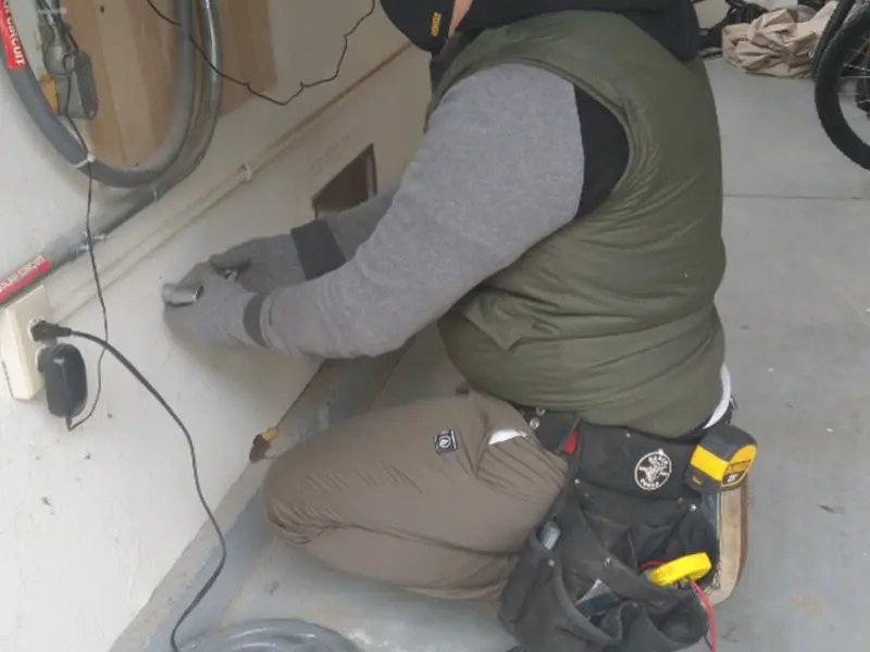 Electrician performing outlet wiring in a North Lauderdale garage